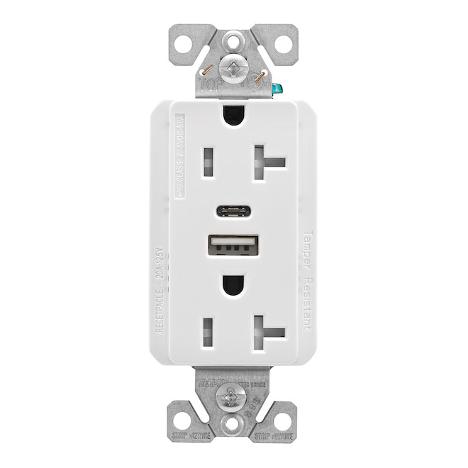 Eaton Dual Receptacle with USB Type A and Type C Plugs - White-