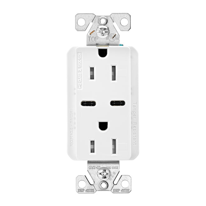 Eaton 15-Amp Dual Receptacle with 2 Type C USB Plugs-