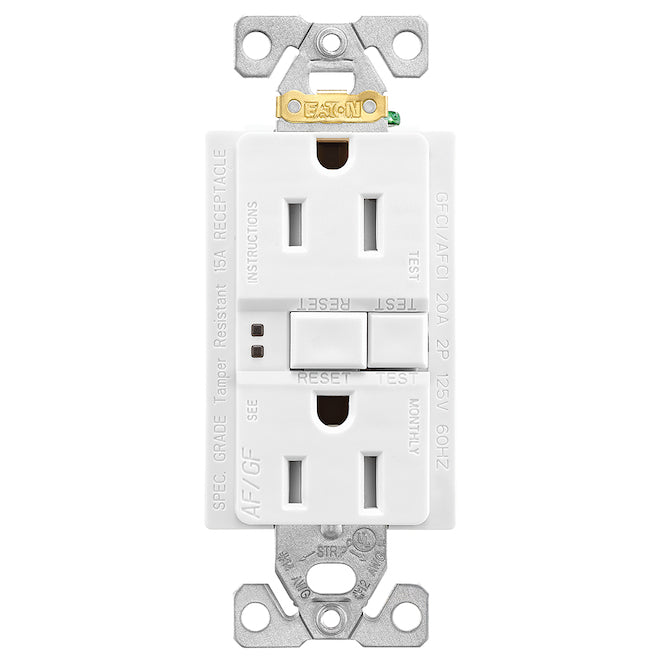 Eaton 1-Pack White 15-Amp Decorator Tamper Resistant Outlet with Wall Plate Included (AFCI/GFCI Protection)-
