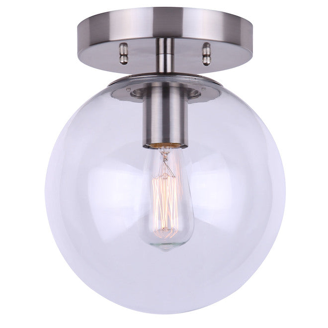 Canarm Camilo Flush Mount Ceiling Light - 1 Light - Clear Glass Globe - Brushed Nickel Finish-