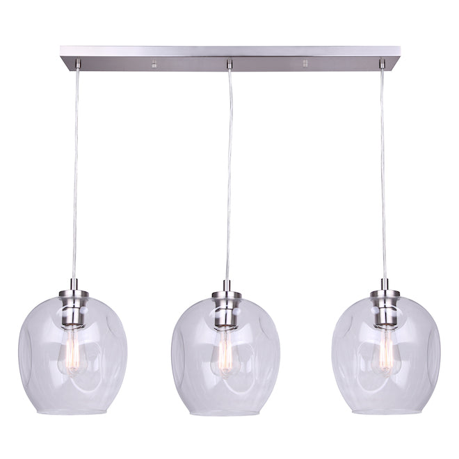 Canarm Como Brushed Nickel Contemporary Clear Glass Globe 3-Light Pendant Light-