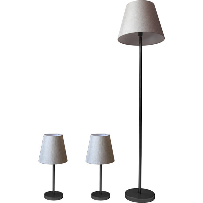 Floor Lamp and Table Lamps - Metal/Fabric - Black/Linen - 3-Piece Set-