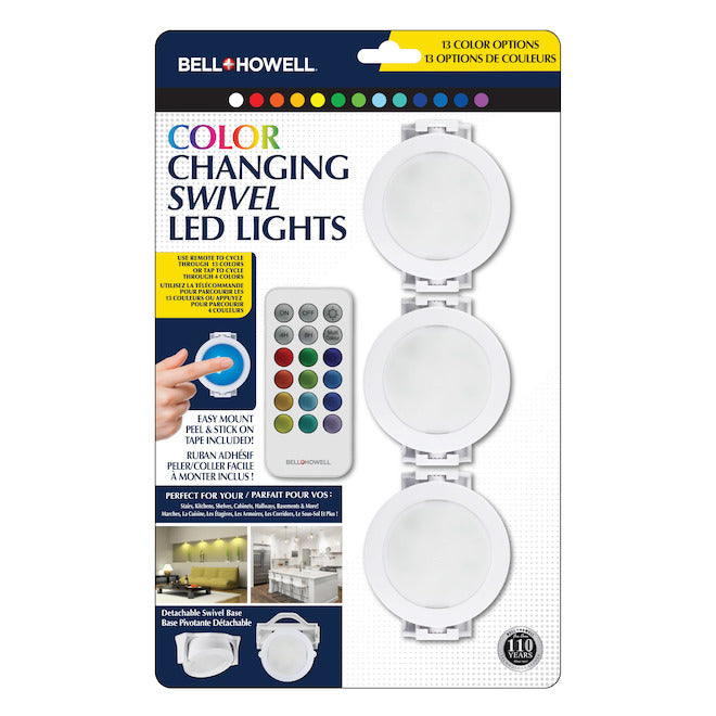 Bell + Howell 3-Pack 2.95-in Battery-Operated Colour-Changing Swivel LED Light Pucks-