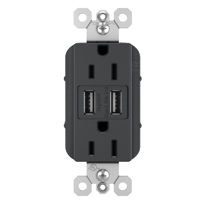 Legrand radiant 15.0-Amp 125-volt Graphite Indoor Decorator Wall Outlet/USB-Each