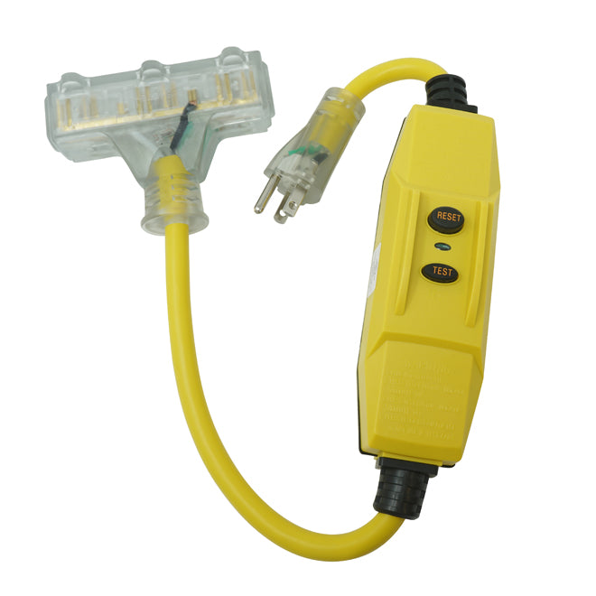 Triple Outlet Cable Extension - GFCI - 2' - 15 A - Yellow-Each