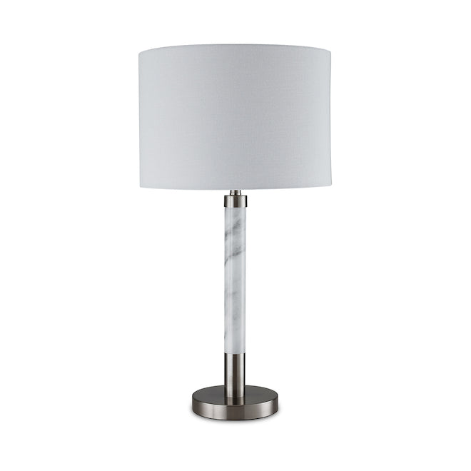 Allen + Roth Table Lamp with Faux Marble - 3-Way Switch - 25-in - Metal/Fabric - Brushed Nickel/White-