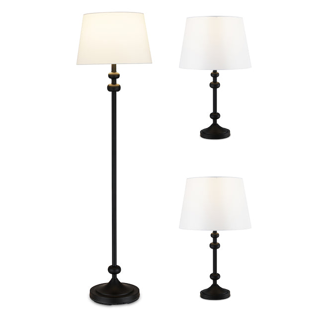 Project Source Floor Lamp and Table Lamps - 58-in/22-in - Metal/Fabric - Black/White - 3-Piece Set-