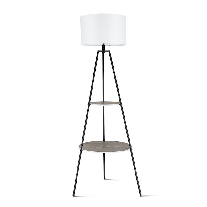 allen + roth 62-in Black Metal Tripod Floor Lamp with Shelf and White Shade-