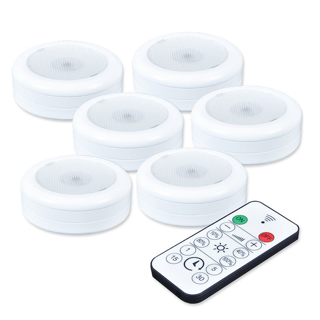 Ecolight White Round LED Puck with Remote and Battery - 6-Pack-