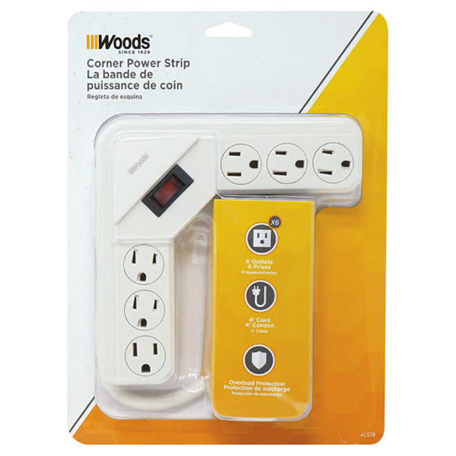 Corner Power Strip - 6 Outlets - 120 V - 4' - White-Each