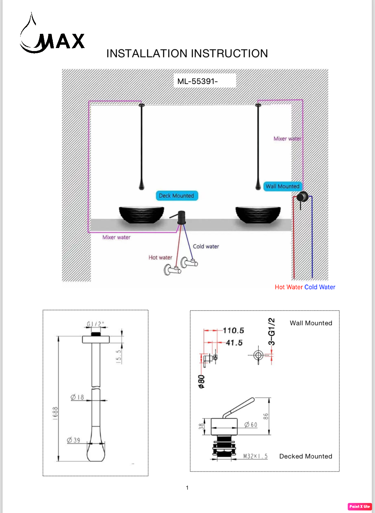 Ceiling Bathroom Faucet With Wall Mounted Hand Control Matte black Finish