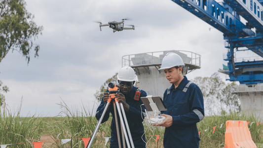 Two construction professionals operating a drone and surveying equipment on a job site to capture aerial footage and monitor project progress.