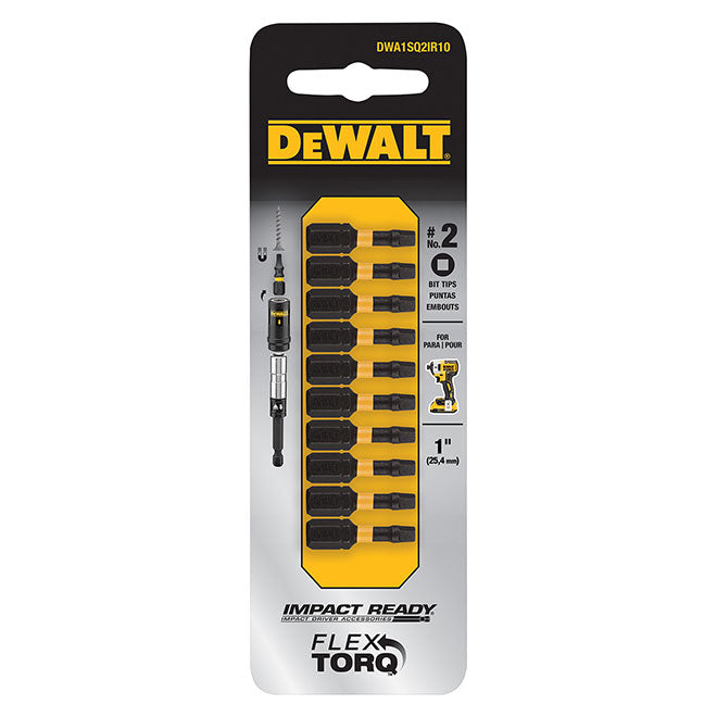 DeWalt FlexTorq Magnetic Screw Square-Head Impact Drill Bits - #2 x 1-in L - Hex Shank - Black - 10 Per Pack - Pack