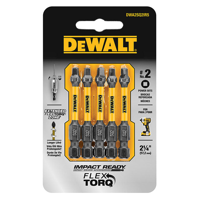 DeWalt Impact Ready Steel Square Screwdriver Bits - 1/4-in Hex Shank - #2 2-in - Pack of 5 - Pack