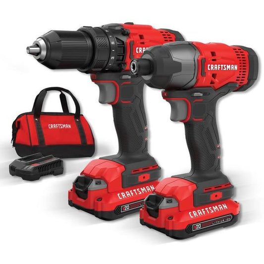 CRAFTSMAN 20 V Max 2 Cordless Power Tools Combo Kit with Batteries and Charger - 1 500 RPM - 3 100 BPM - Quick Change - Each