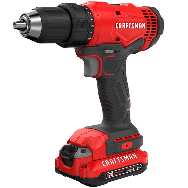 Craftsman V20 1/2-in Cordless Drill Kit - 1800 RPM - Keyless Chuck - LED Light - Dual Speed Mode - Each