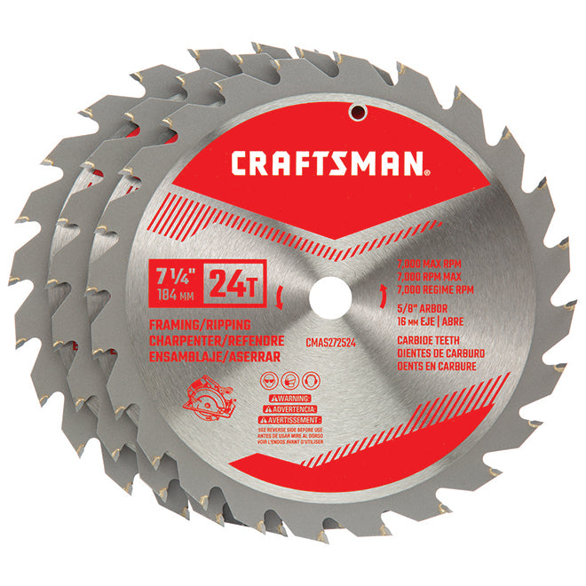 Craftsman Circular Saw Blade - Carbide - 24 Teeth - 7 1/4-in dia - Steel - Corrosion Resistant - 3 Per Pack - Each