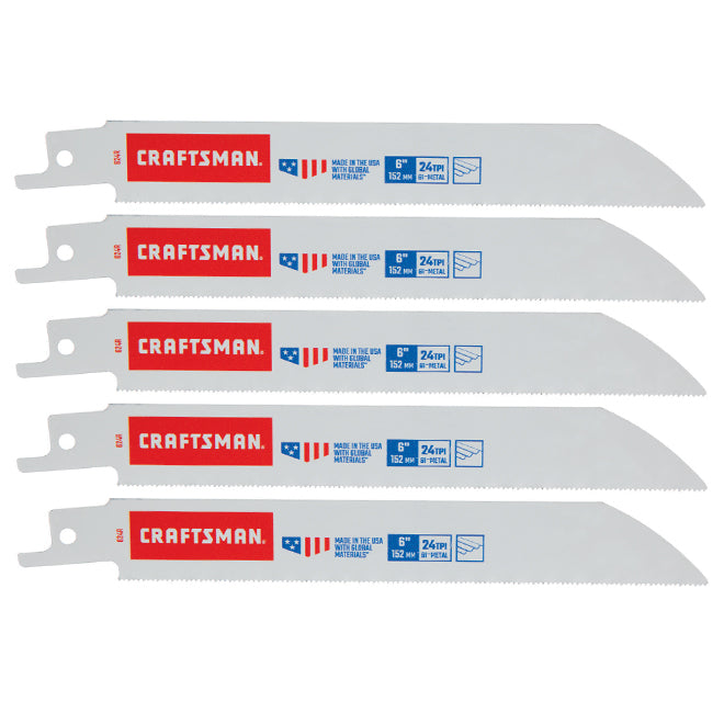 Craftsman Reciprocating Saw Blades - Bi-Metal - 6-in L - 24 TPI - Metal Cutting - Straight Blade - 5 Per Pack - Each