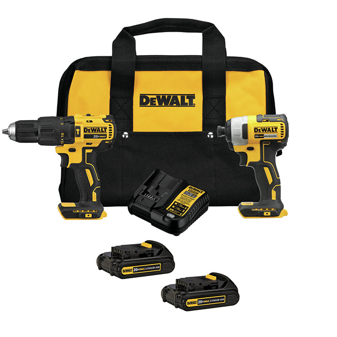 DeWalt Hammer Drill and Impact Driver with Batteries and Charger - Brushless Motor - LED Light - Cordless - Each