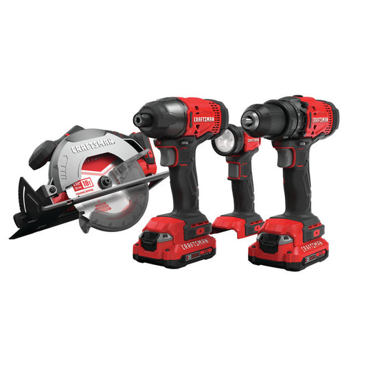 Craftsman V20 4-Tool Combo Kit with Batteries and Charger - LED Light - Variable Speed - Cordless - Each