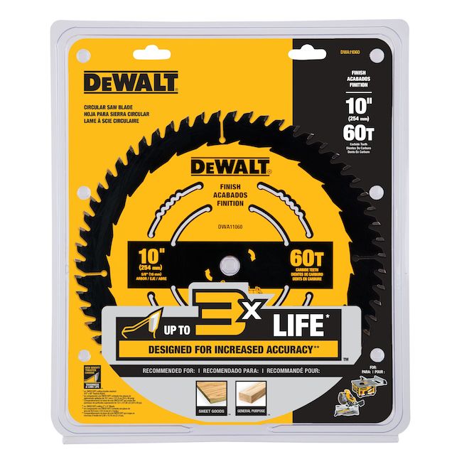 DeWalt 10-in Circular Saw Blade - 60T Carbide Teeth - Fine Finish - Each