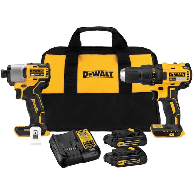 DeWalt 20 V Max Cordless Brushless Drill/Driver Tool Kit - Includes Drill, Impact Driver, 2 Batteries and Charger - Each