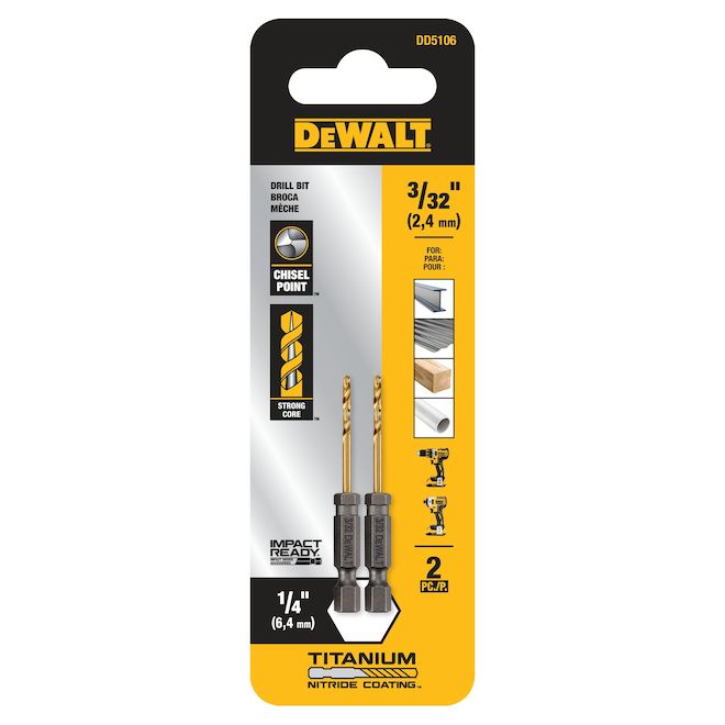 DeWALT 2-Piece 3/32-in x 2-7/16-in Titanium Nitride Coated HSS Right Handed Twist Drill Bit - Each