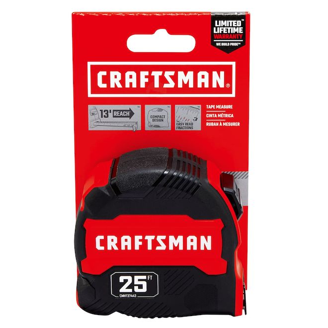 Craftsman Measuring Tape Compact Easy Grip Black and Red 25-ft - Each