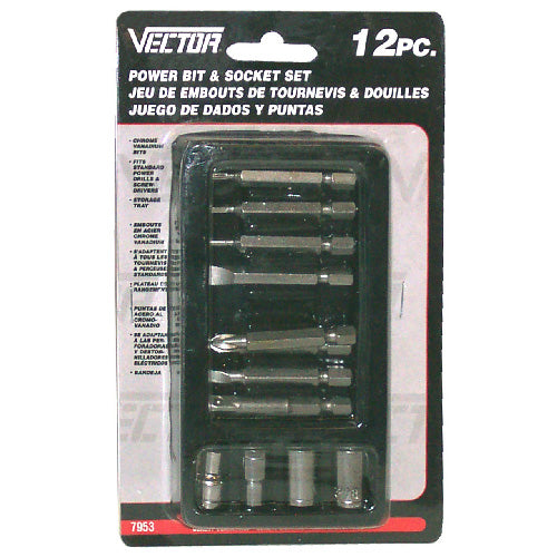 Vector Power Bit and Socket with Storage Tray - 12-Piece Set - Assorted Sizes and Drive Heads - Metal - Each