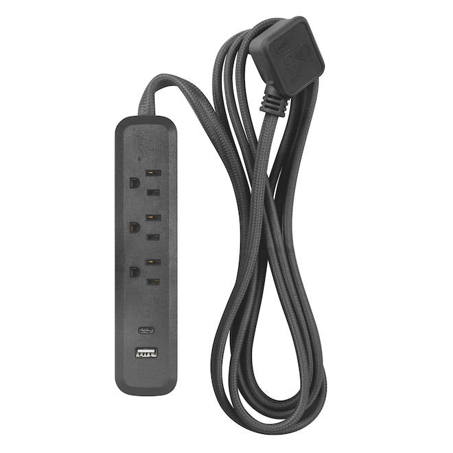 Globe Electric 3 Outlets 2 USB Ports Strip - Black-Each