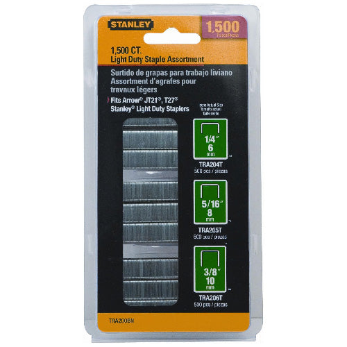 Stanley Light-Duty Staples - Steel - Assorted Leg L - 29/64-in W Crown - Set of 1500 - Each