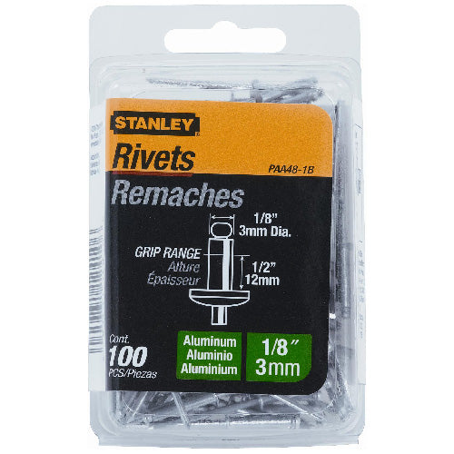 Stanley Blind Rivets - Aluminum - 100 Per Pack - 1/8-in dia x 1/2-in Grip Range x 1/2-in L - Each