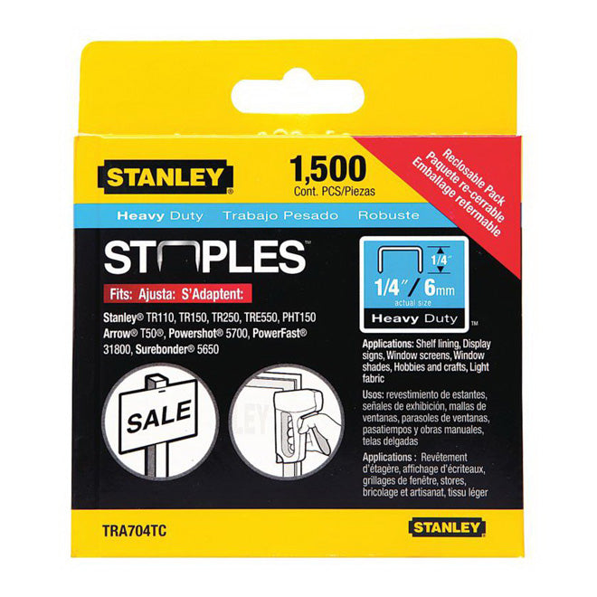 Stanley Heavy-Duty Staples - Galvanized Steel - 1/4-in Leg x 27/64-in W Crown - 1500 Per Pack - Each