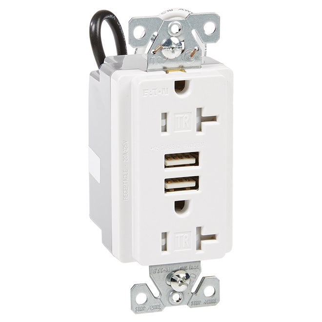 Eaton Wall Receptacle USB Outlet - Thermoplastic - 20-Amp - 125-Volt-