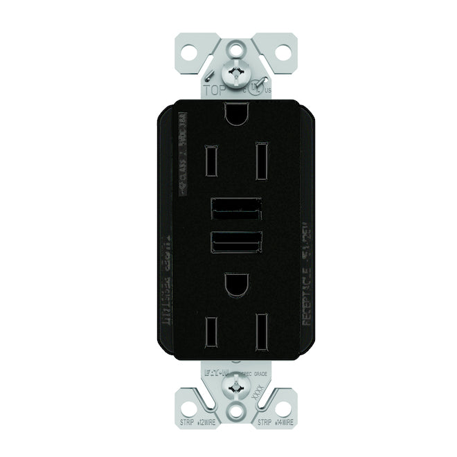 Eaton Duplex Receptacle Combined with USB Plugs - Black-