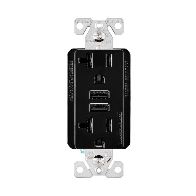 Eaton 20-A Dual Receptacle with 2 Type A USB Plugs - Black-