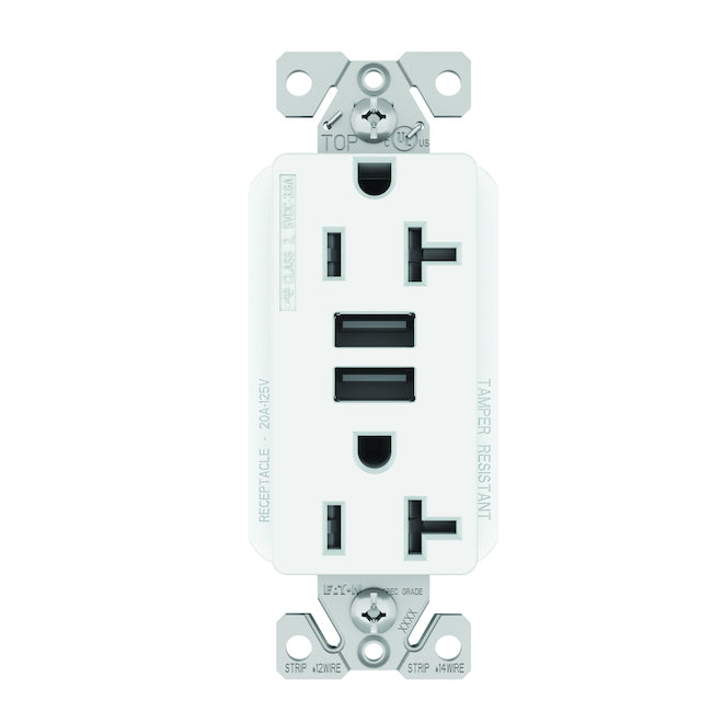 Eaton Dual Receptacle with 2 USB Type A Plugs - White - 20-Amps-