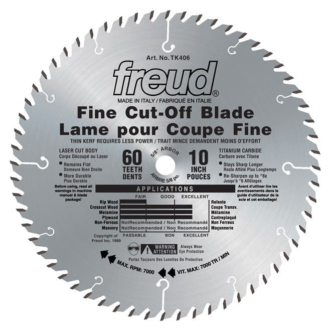 Freud Wood Circular Saw Blade - 10-in Dia - 60T - 15° Hook Angle - Each