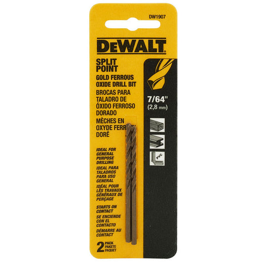 DeWALT Split Point Drill Bit - 7/64-in Dia x 2 5/8-in L - Jobber-Length - Round Shank - Gold Ferrous Oxide - Pack