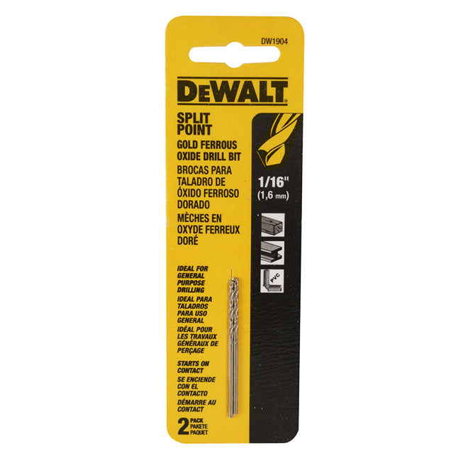 DeWALT Pilot Point Gold Ferrous Drill Bit - 1/16-in Dia x 1 7/8-in L - 135° Split Point Tip - Round Shank - 2 Per Pack - Pack