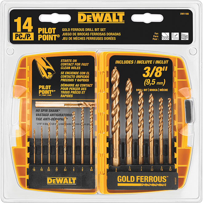 DeWALT Gold Ferrous Drill Bit with Storage Case - 14-Piece Set - Jobber-Length - Pilot Point Tip - Each