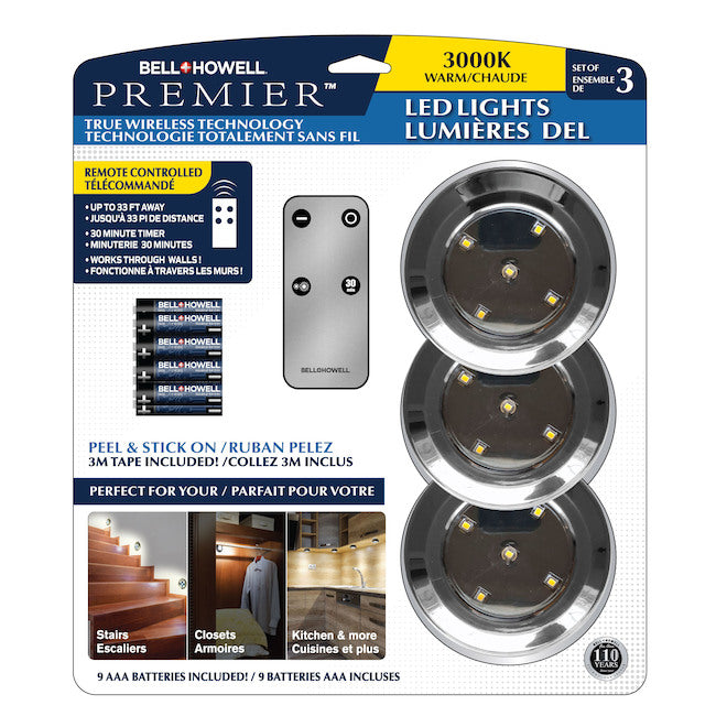 Bell + Howell 3-Pack 3.54-in Battery-Operated Plastic LED Light Pucks with Remote Control-