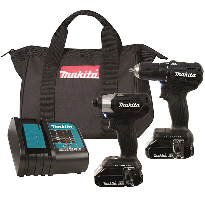 Makita 18-Volt 2-Tool Combo Kit with Batteries and Charger - Brushless - Dual LED Light - Ergonomic Rubber Grip - Each