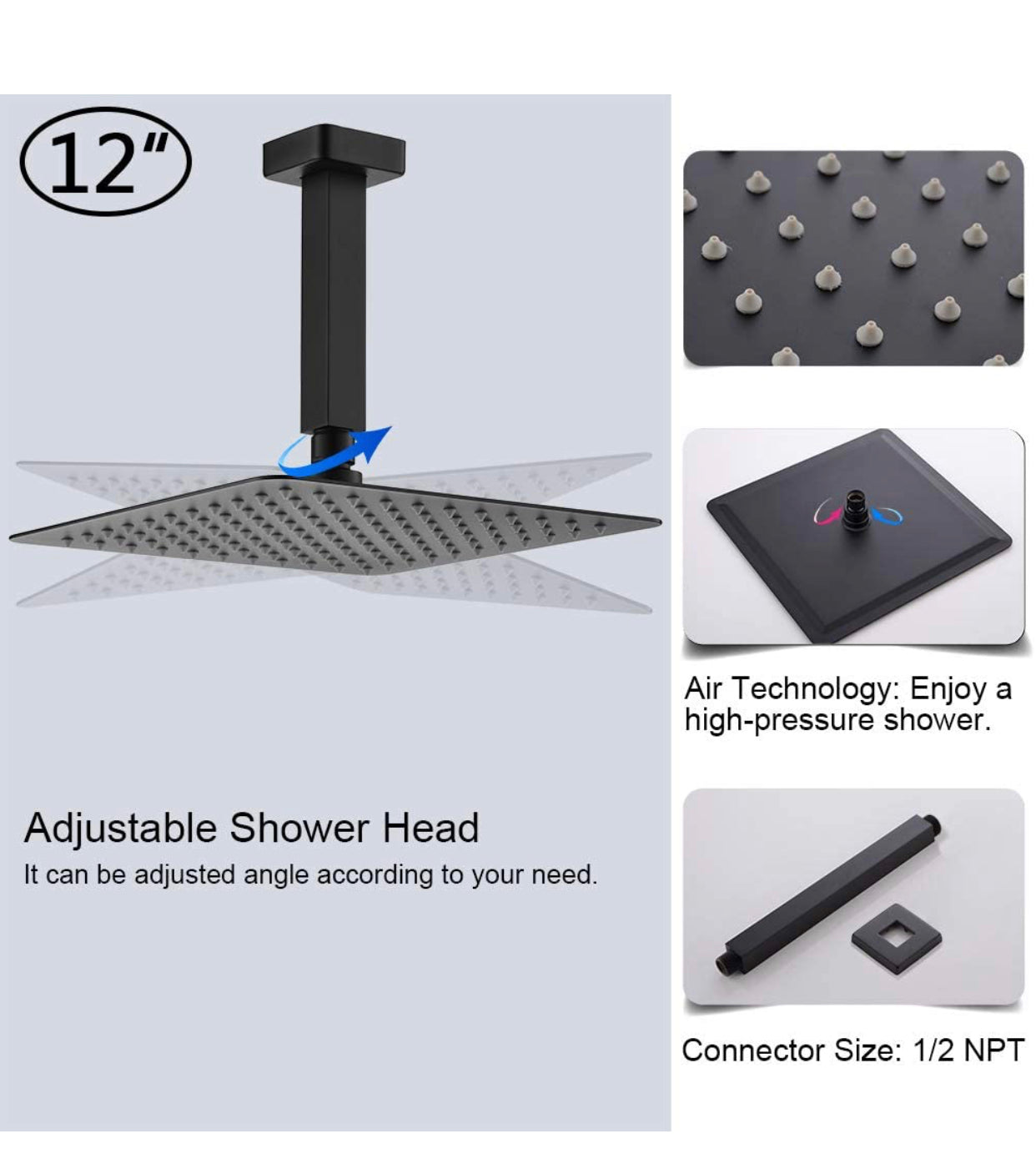 Ceiling Thermostatic Shower System Two Functions With Pressure Balance Valve Matte Black Finish