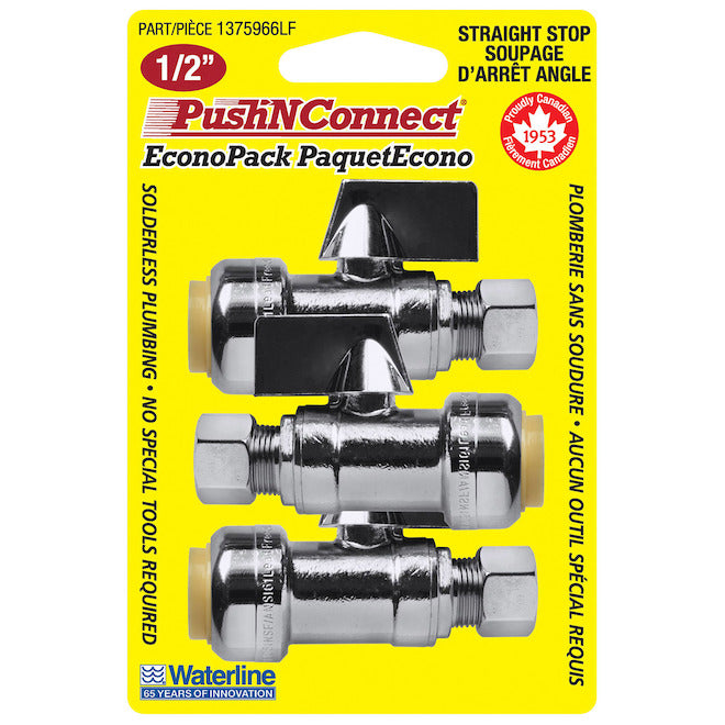 Waterline PushNConnect 1/2-in x 3/8-in Stop Valves - Pack of 3 - Each