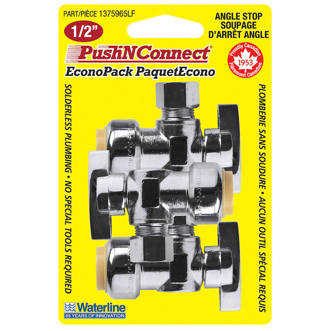 Waterline PushNConnect 1/2-in x 3/8-in Angle Stop Valves - Pack of 3 - Each