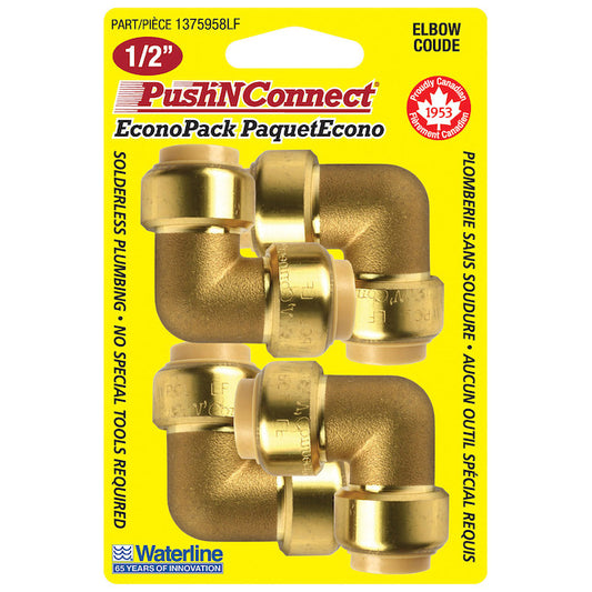 Waterline PushNConnect 1/2-in diameter 90-degree Brass Elbows - Pack of 4 - Each