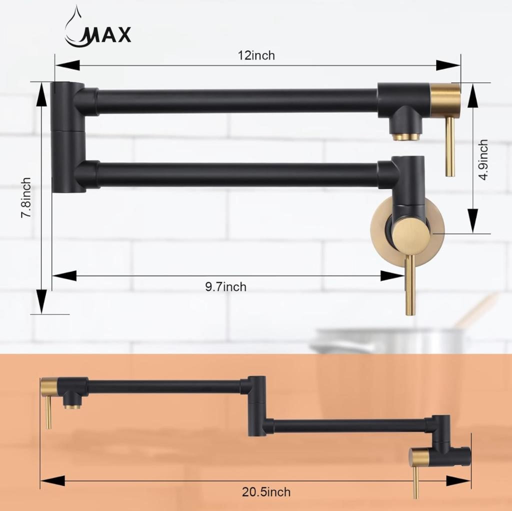 Pot Filler Faucet Double Handle Modern Contemporary Wall Mounted 20" With Accessories Matte Black, Brushed Gold Finish