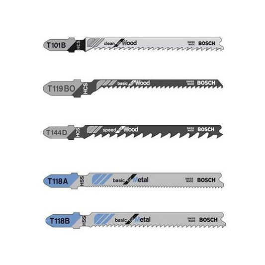 Bosch Jigsaw Blade Kit- T-Shank - High-Carbon Steel - For Wood and Metal - Set of 5 - Pack