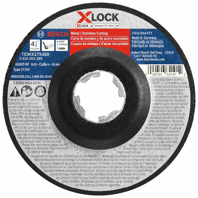 Bosch 4-1/2 In. x 0.045 In. X-LOCK Arbor Type 27A (ISO 42) 60 Grit Fast Metal/Stainless Cutting Abrasive Wheel - Each